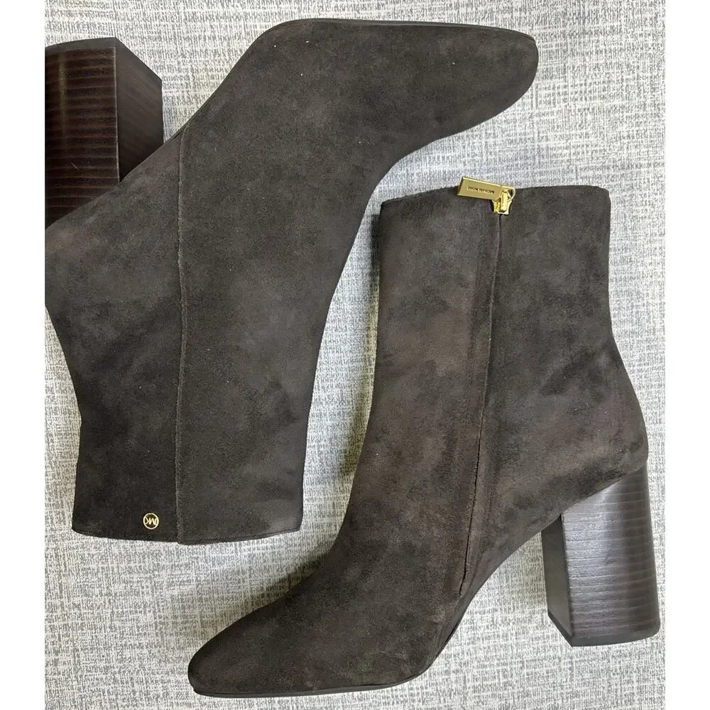 Michael Kors Brown Suede Leather Block Heel Side Zip Ankle Bootie Women's 10